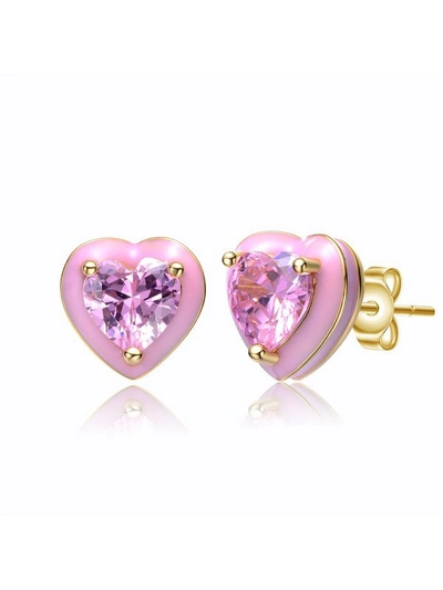 Rachel Glauber Young Adults/teens 14k Yellow Gold Plated With Pink Cubic Zirconia And Pink Enamel Heart Stud Earrin