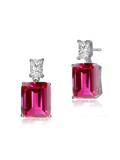 Rachel Glauber White Gold Plated With Colored Cubic Zirconia Rectangle Stud Earrings In Red