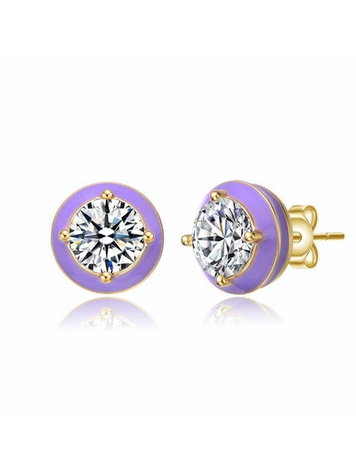 RACHEL GLAUBER YOUNG ADULTS/TEENS 14K YELLOW GOLD PLATED WITH CLEAR CUBIC ZIRCONIA AMETHYST ENAMEL ROUND STUD EARRI