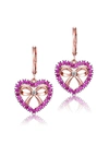 RACHEL GLAUBER 18K ROSE GOLD PLATED HEART DANGLE EARRINGS WITH CLEAR AND RUBY CUBIC ZIRCONIA