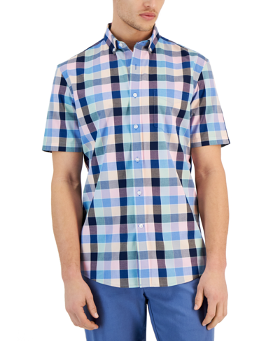 Club Room Men's Iman Plaid Poplin Short Sleeve Button-down Shirt, Created For Macy's In Navy Blue