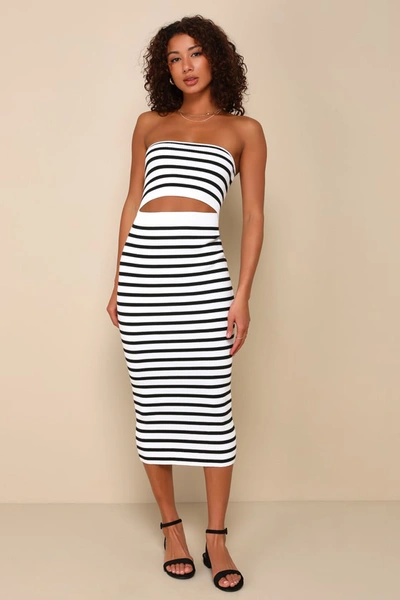Lulus Trend-worthy White Striped Ribbed Cutout Strapless Midi Dress