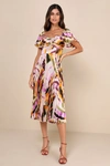 Lulus Authentically Yours Cream Multi Abstract Print Satin Midi Dress In Cream Multi