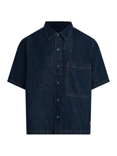 Hudson Denim Short Sleeve Button Front Crop Shirt In Dark Chambray