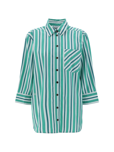 Ganni Stripe Organic Cotton Button-up Shirt In Green