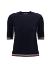 Thom Browne Navy Blue Piqué Cotton T-shirt With Tricolor Stripe In Navy