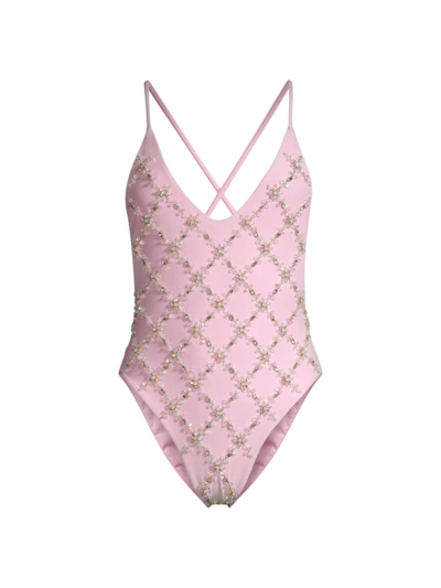 Oceanus Women's Rose Hand Embroidered One-piece Swimsuit In Pink