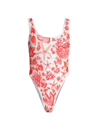 Oceanus Juna Hand-embroidered One-piece Swimsuit In Neutral