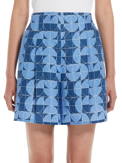 Max Mara Okra Pleated High-rise Geometric-print Shorts In Blue