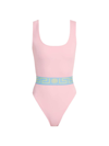 Versace Women's Greek Key Belt One-piece Swimsuit In Pastel Pink Pastel Blue Mint