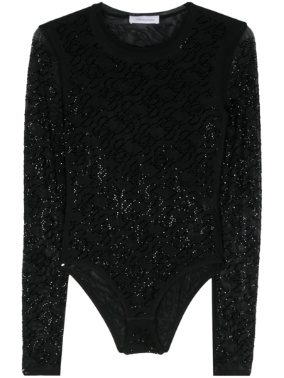 Blumarine Rhinestone-logo Mesh Top In Black