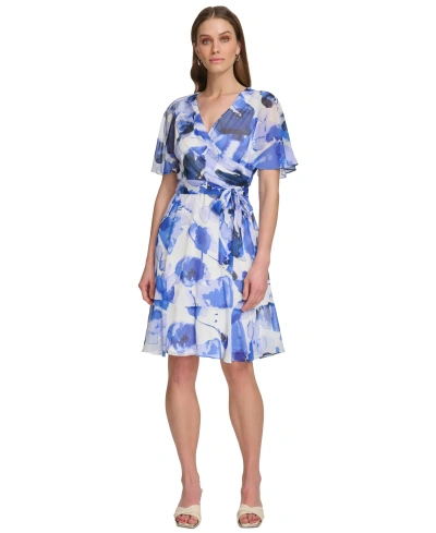 Dkny Petite Printed Flutter-sleeve Tie-waist Fit & Flare Chiffon Dress In Marine Multi