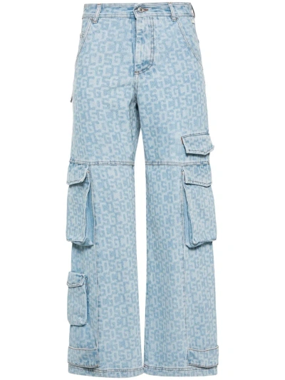 Gcds 32cm Loose Cotton Denim Cargo Jeans In Blue