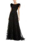 Mac Duggal Feather-sleeve Sequin A-line Gown In Black