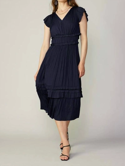 CURRENT AIR V-NECK PLEATED RUFFLE LONG DRESS IN DARK NAVY