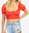 Le Lis Smocked Short Sleeve Crop In Red In Red