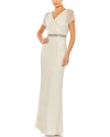 Mac Duggal Beaded Butterfly Sleeve Column Gown In Grey