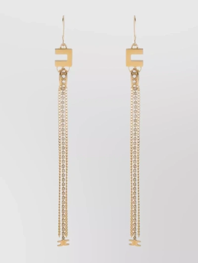 Elisabetta Franchi Rhinestone Pendant Logo Earrings With Chain Detail In Golden