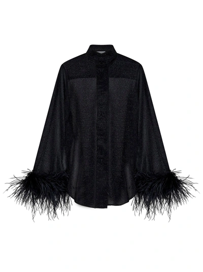 Oseree 'lumière' Black Relaxed Shirt With Tonal Feathers In Polyamide Blend Woman In Navy