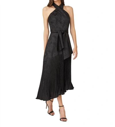 Shoshanna Roya Pleated Asymmetric Halter Midi Dress In Jet