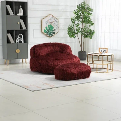 Simplie Fun Bean Bag Chair Faux Fur Lazy Sofa /footstool Durable Comfort Lounger In Burgundy