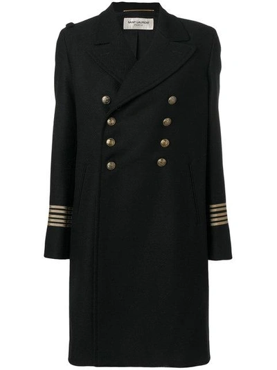 Saint Laurent Military Button Double-breasted Wool Caban Officer Coat In Black