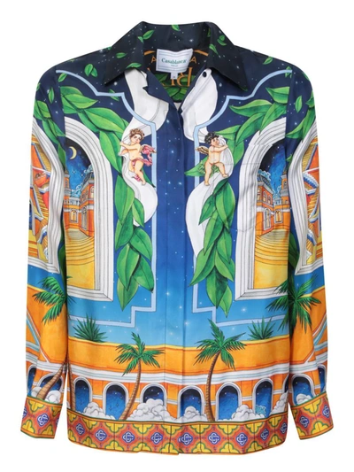 Casablanca Arch Foulard-print Cuban-collar Long-sleeve Silk Shirt In Multicolor