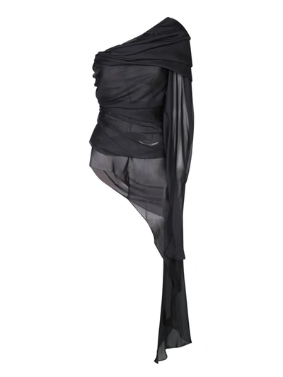 Rev Sheer Silk Top With Asymmetric Cut In Black