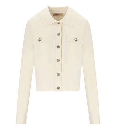 TWINSET TWINSET  OFF-WHITE CARDIGAN WITH LOGO BUTTONS