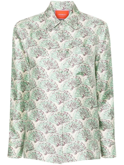 La Doublej Boy Fans-print Silk Shirt In Green