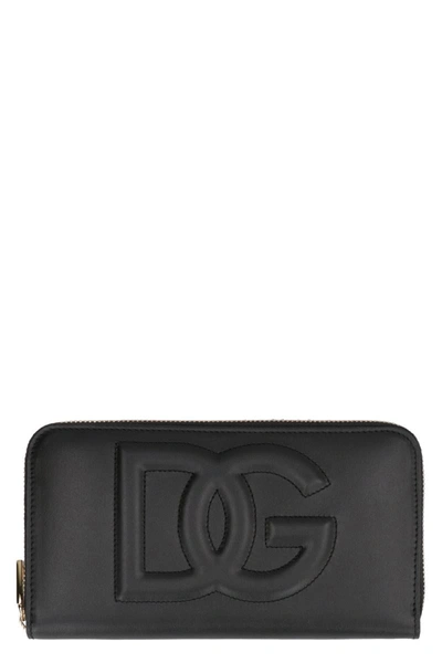 Dolce & Gabbana Calfskin Zip-around Wallet With Dg Logo In Black