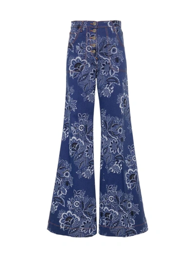 Etro Floral Denim High Rise Flared Jeans In Blue