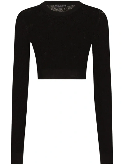Dolce & Gabbana Monogram Open-knit Crop Top In Black