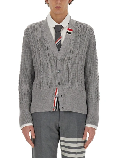 Thom Browne V-neck Buttoned Knitted Cardigan In Grey