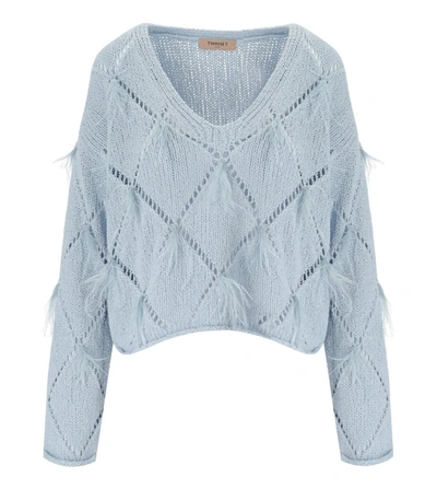 TWINSET TWINSET  LIGHT BLUE JUMPER WITH FEATHERS