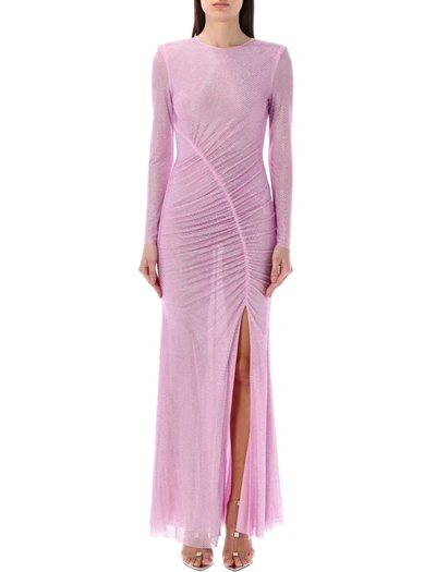 Self-portrait Rhinestone-embellished Mesh Maxi Dress In 粉色的