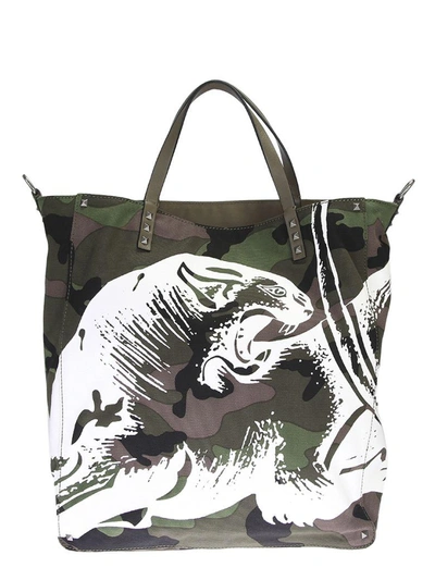 Valentino Garavani Panther Print Camouflage Canvas Tote Bag In Green