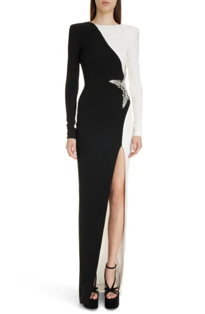 Balmain Colorblock Crystal-star Long-sleeve Backless Gown In Black