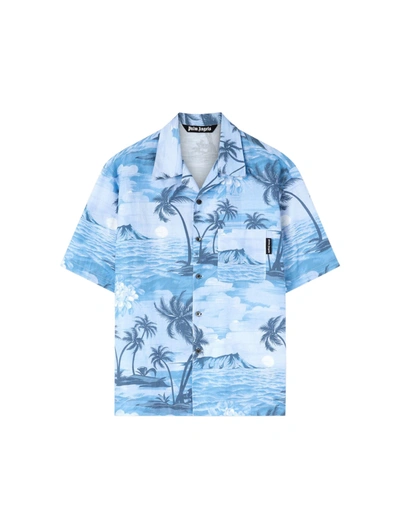 Palm Angels Sunset-print Linen-blend Shirt In Indigo Blue