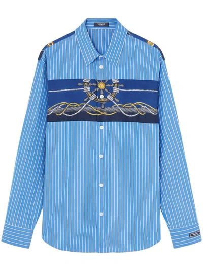 Versace Informal Shirt Striped Poplin Fabric Printed Inserts Clothing In Blue