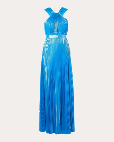 Semsem Cutout Silk And Lurex-blend Plissé-lamé Halterneck Gown In Blue