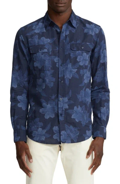 Ralph Lauren Purple Label Hibiscus-print Cotton-linen Shirt In Navy