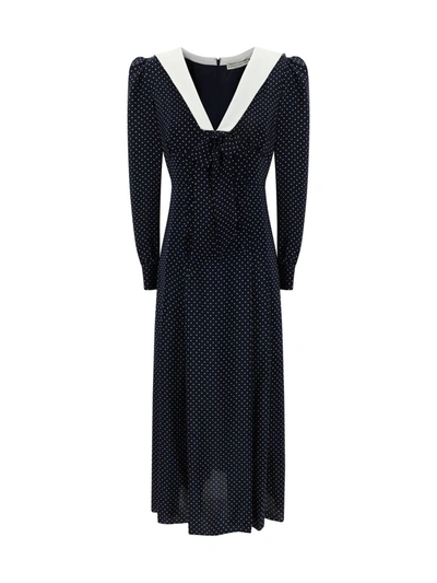 Alessandra Rich Bow-detail Silk Midi Dress In Navy Blue-white