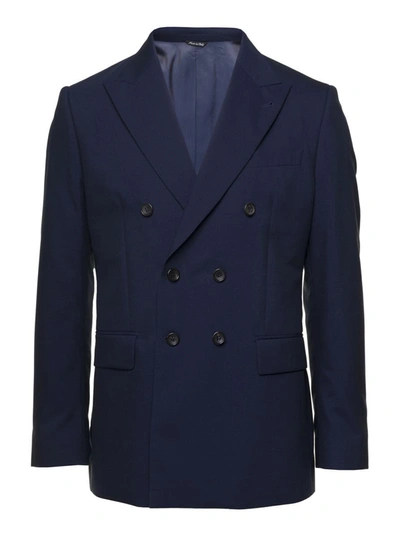 REVERES 1949 BLUE DOUBLE-BREASTED BLAZER WITH POINTED REVERSES IN WOOL AND COTTON BLEND MAN
