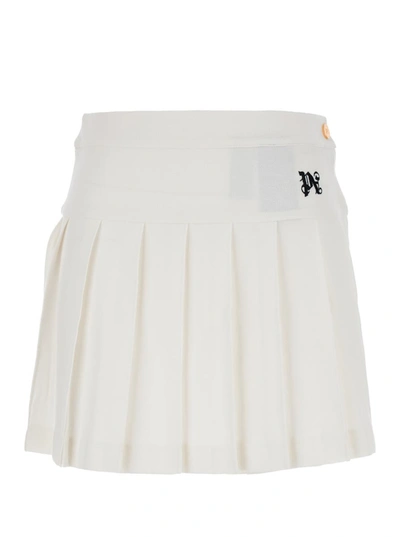 PALM ANGELS WHITE PLEATED MINI-SKIRT WITH LOGO EMBROIDERY IN COTTON CANVAS WOMAN