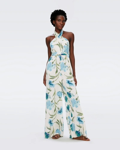 Diane Von Furstenberg Cort Floral-print Twill Halterneck Wide-leg Jumpsuit In Light Blue