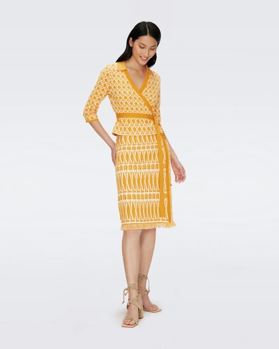 Diane Von Furstenberg Maera Knit Jacquard Wrap Top By  In Size L In Yellow