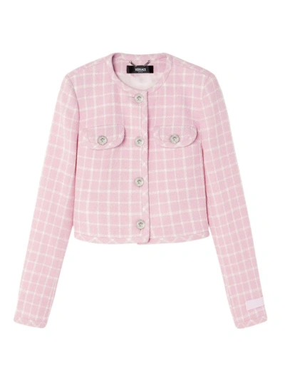 Versace Medusa Head-buttons Checked Cropped Jacket In Light Pink