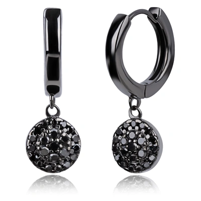 Max + Stone Real Black Diamond Round Disc Huggie Hoop Earrings In Sterling Silver