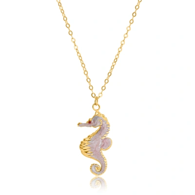 Max + Stone 14k Yellow Gold Pink Enamel Seahorse Pendant Necklace